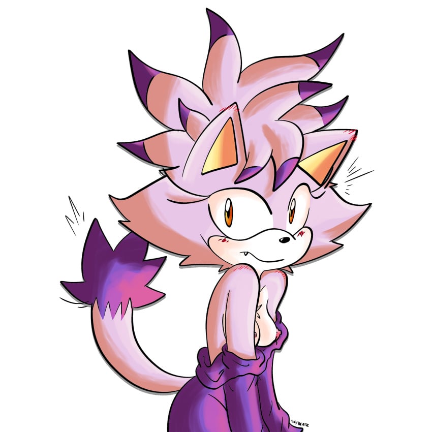 anthro blaze_the_cat blush breasts clothed clothing domestic_cat felid feline felis female hi_res looking_at_viewer mammal nipples sega skybeatz solo sonic_(series) sonic_the_hedgehog_(series) topless