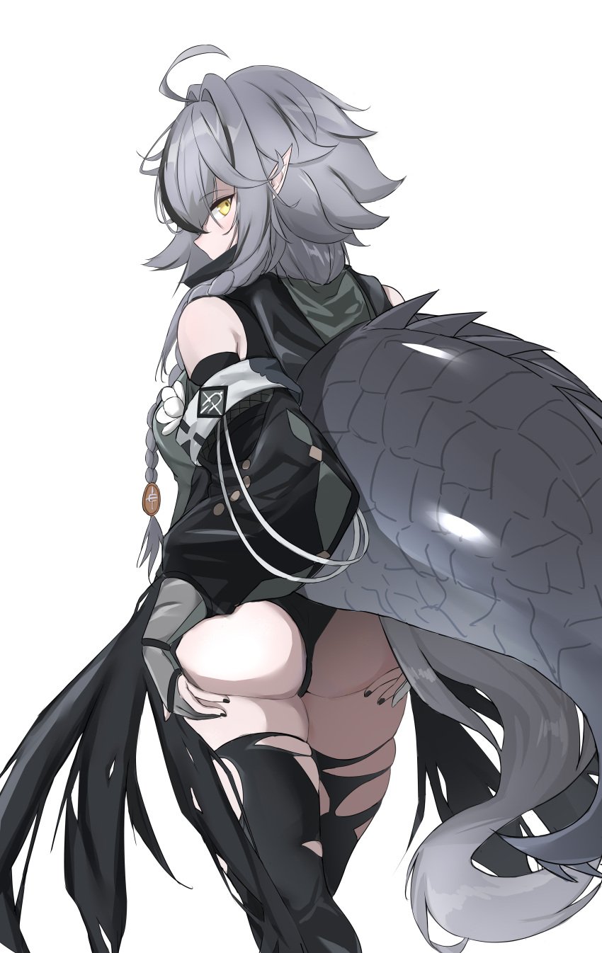 1girls absurdres ahoge arknights ass ass_grab black_legwear black_panties braid clothing color colored crocodilian_tail detached_sleeves eyebrows_visible_through_hair female female_focus female_only grabbing_own_ass grey_hair highres hood hood_down looking_at_viewer nail_polish painted_nails pale pale-skinned_female pale_skin panties pointy_ears presenting_ass puffy_sleeves ripped_legwear solo solo_female solo_focus tamago_(eva1314056) thick_thighs thighhighs thighs tomimi_(arknights) torn_clothes torn_legwear underwear yellow_eyes