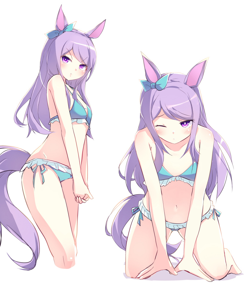 :t absurdres animal_ears bangs bare_arms bare_legs bare_shoulders barefoot bikini blue_bikini blush cropped_legs ear_bow female female flat_chest frilled_bikini frills highres horse_ears horse_girl horse_tail kanzakietc kneeling long_hair looking_at_viewer mejiro_mcqueen_(umamusume) multiple_girls navel one_eye_closed own_hands_together pout purple_eyes purple_hair side-tie_bikini swimsuit tail umamusume v-shaped_eyebrows