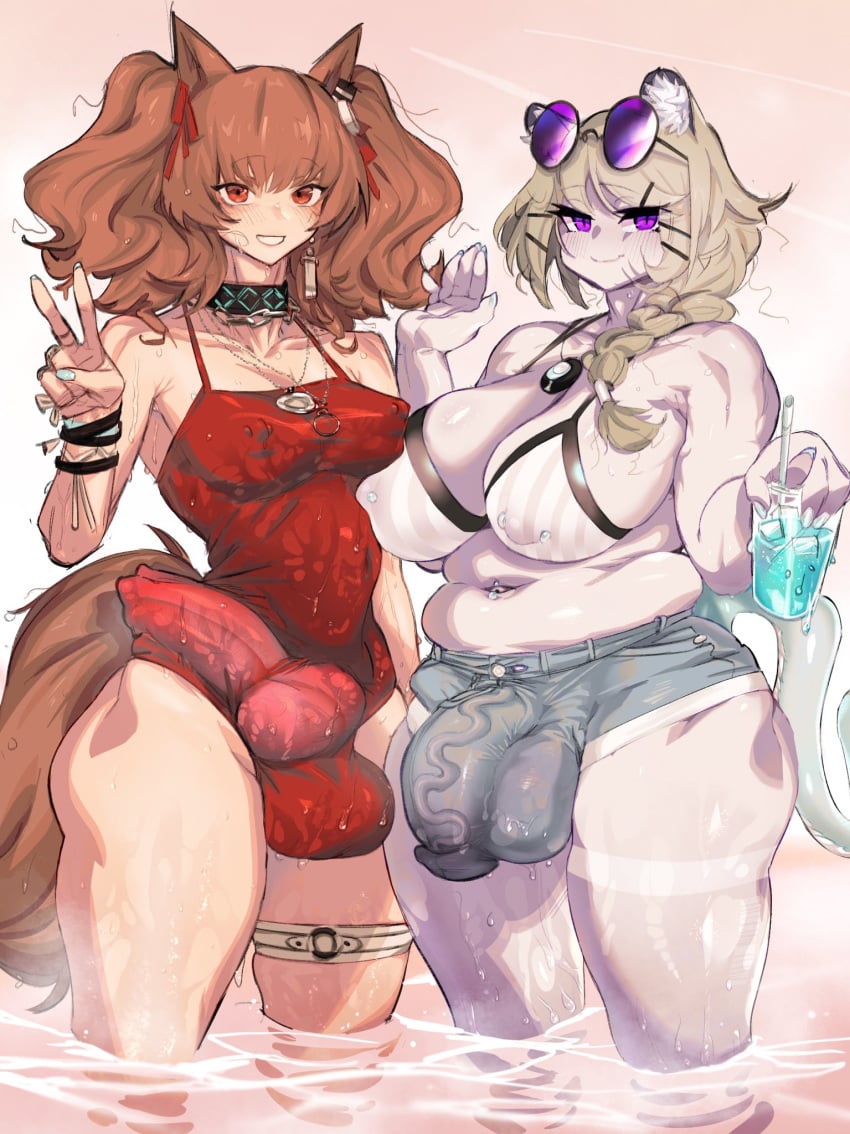 2futas angelina_(arknights) animal_ears animal_genitalia animal_penis arknights balls big_balls big_breasts big_penis blonde_hair breasts brown_hair bulge canine_penis chubby clothed clothing erection erection_under_clothes eyewear_on_head female_focus flaccid futa_only futanari huge_breasts huge_cock humanoid humanoid_penis kemonomimi knot long_hair partially_clothed penis penis_bulge red_eyes short_hair standing sunglasses_on_head swimsuit thick_thighs twintails utage_(arknights) veiny_penis victim_alice violet_eyes wet wide_hips