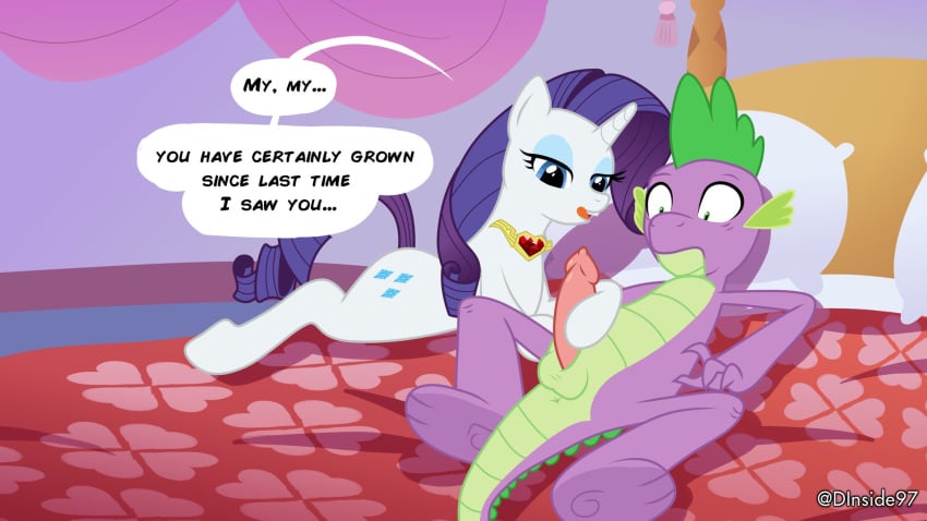 1boy 1girls bed bedroom bedroom_eyes colored deadinside97 dialogue dragon english_text feral foreplay four_poster_bed hoofjob_(forelimbs) hooves lying lying_on_back lying_on_bed my_little_pony my_little_pony_friendship_is_magic necklace penis pillow pony rarity_(mlp) smooth_skin spike_(mlp) spread_legs surprised testicles text unicorn