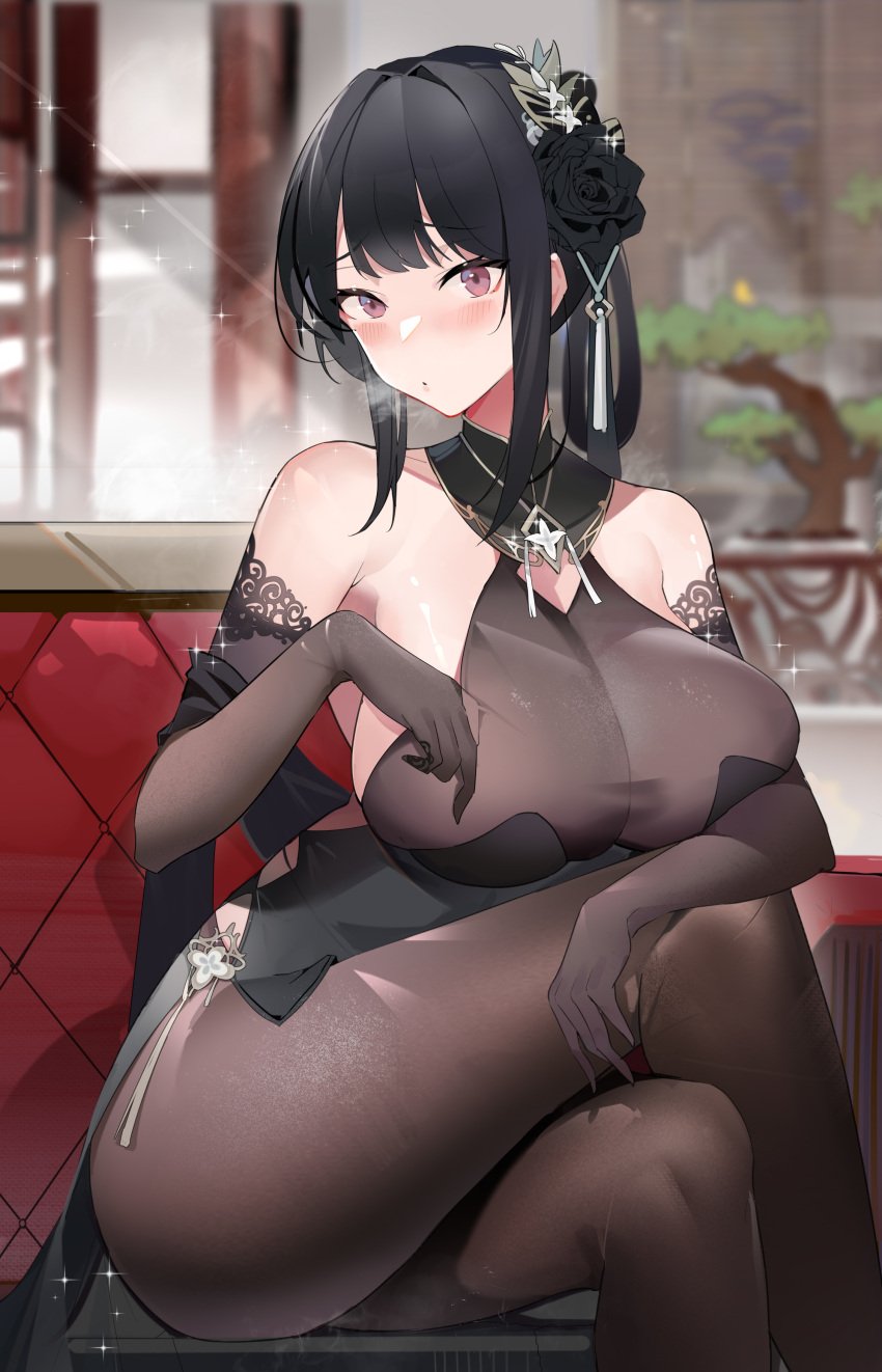 azur_lane big_breasts black_hair black_legwear black_sleeves chen_hai_(azur_lane) chen_hai_(vestibule_of_wonders)_(azur_lane) embarrassed looking_at_viewer looking_pleasured thick_thighs yoyo_(550098)