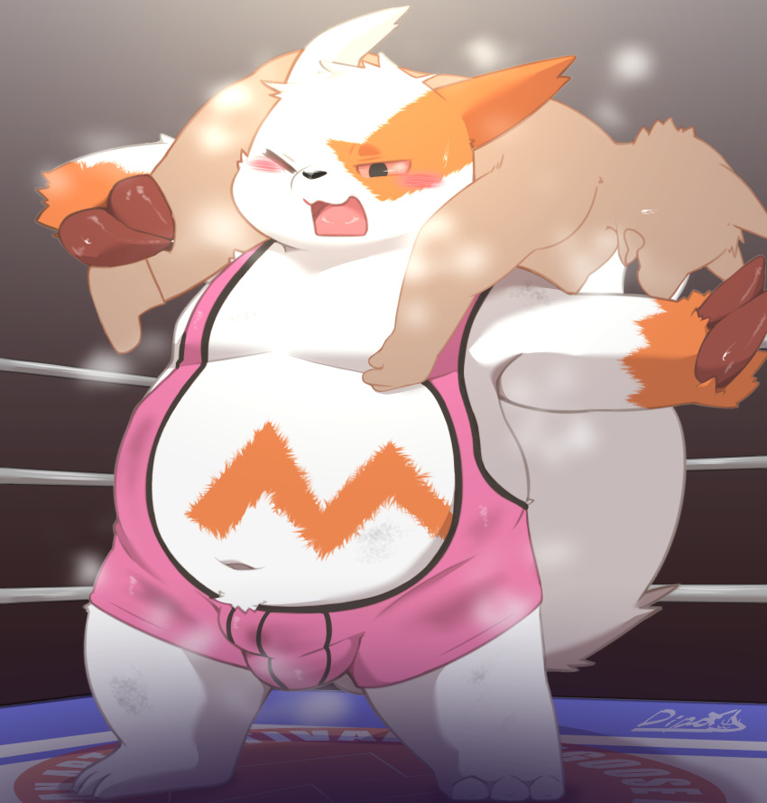 2022 anthro belly blush bodily_fluids bulge canid canine dipo_(artist) duo fighting_ring hi_res kemono male mammal musk navel nintendo one_eye_closed orange_body overweight overweight_male pokémon_(species) pokemon pokemon_(species) sweat video_games white_body wrestling zangoose zangoose_day