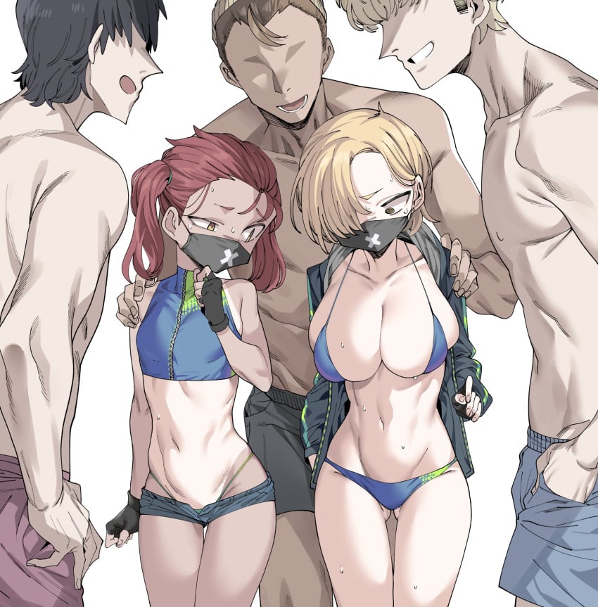 2girls 3boys @_@ ass_visible_through_thighs bangs bikini black_gloves black_hair black_mask blonde_hair blue_archive blue_bikini breasts cleavage faceless faceless_male facemask fingerless_gloves gloves hand_on_another's_shoulder highleg highleg_bikini highres jacket large_breasts male_swimwear mask micro_shorts mouth_mask multiple_boys multiple_girls one-piece_tan open_clothes open_jacket open_mouth red_hair seaside_sukeban_(mg)_(blue_archive) seaside_sukeban_(smg)_(blue_archive) short_hair short_shorts shorts simple_background small_breasts sweat swim_trunks swimsuit tan tanlines twintails urec white_background yellow_eyes