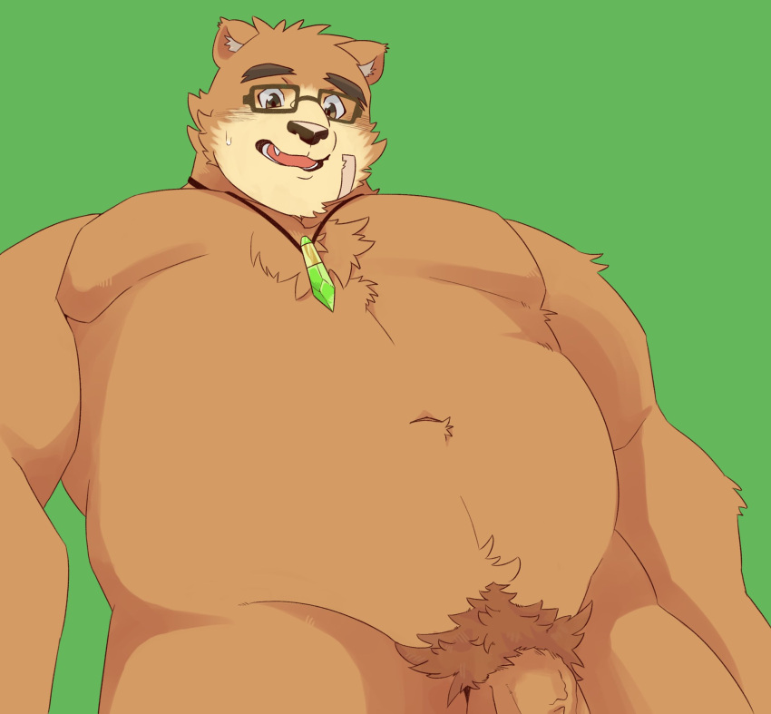 2022 anthro brown_body eyewear flaccid genitals glasses green_background hi_res kemono lifewonders male mammal overweight overweight_male penis pubes qdng0atngbaqmce simple_background solo tokyo_afterschool_summoners ursid video_games volos