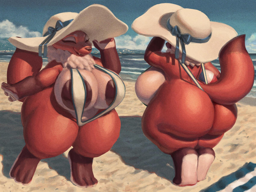 1girls 2022 3_toes 5_fingers absurd_res anthro areola ass ball beach beach_ball beach_towel big_areola big_ass big_breasts big_butt bikini breasts canid canine closed_eyes clothed clothed_female clothing dark_areola detailed_background digital_drawing_(artwork) digital_media_(artwork) digital_painting_(artwork) dithering female fox front_and_back hat headgear headwear hi_res holding_clothing holding_object huge_ass huge_breasts huge_butt huge_hips huge_thighs hyper_bimbo inflatable mammal multicolored_body multicolored_fur multiple_poses neck_tuft noise nude nude_female outside patacon sand seaside shortstack sling_bikini smile smiling solo solo_female standing sun_hat swimsuit swimwear thick_legs thick_tail thick_thighs tuft wave wide_hips