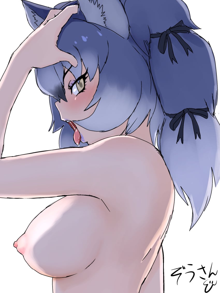 10s absurdres animal_ears arm_at_side blue_hair breasts commentary_request dire_wolf_(kemono_friends) eyelashes eyes_visible_through_hair female female from_side grey_hair hair_ribbon hand_on_own_head hand_up highres kemono_friends lipstick long_hair looking_at_viewer makeup masuyama_ryou medium_breasts multicolored_hair nipples nude open_mouth ribbon saliva saliva_trail sideways_glance signature solo tongue tongue_out upper_body wolf_ears yellow_eyes