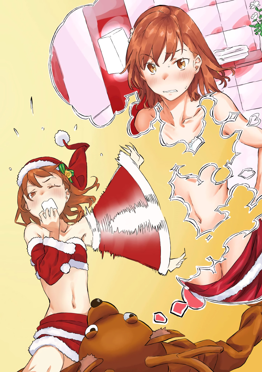 1boy 1girls absurd_res bathroom blush breasts brown_eyes brown_hair christmas_outfit colorized embarrassed haimura_kiyotaka kamijou_touma misaka_mikoto navel novel_illustration nude nude_female official_art reindeer_costume santa_costume small_breasts teenage_boy teenage_girl teenager thinking to_aru_kagaku_no_railgun to_aru_majutsu_no_index walk-in white_bra young