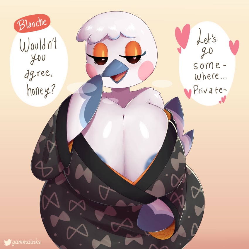 1girls 2022 animal_crossing anthro avian big_breasts bird bird_girl bird_humanoid blanche_(animal_crossing) blush_stickers breasts cleavage curvy curvy_female curvy_figure dialogue dialogue_bubble eyelashes female female_focus female_only gammainks heart heart-shaped_pupils huge_breasts inviting kimono kimono_pull looking_at_viewer mature mature_female mature_woman mommy mommy_kink nintendo nipple_slip nipples ostrich seductive seductive_eyes seductive_look solo solo_female solo_focus speech speech_bubble steamy_breath talking_to_viewer text text_bubble video_games wide_hips