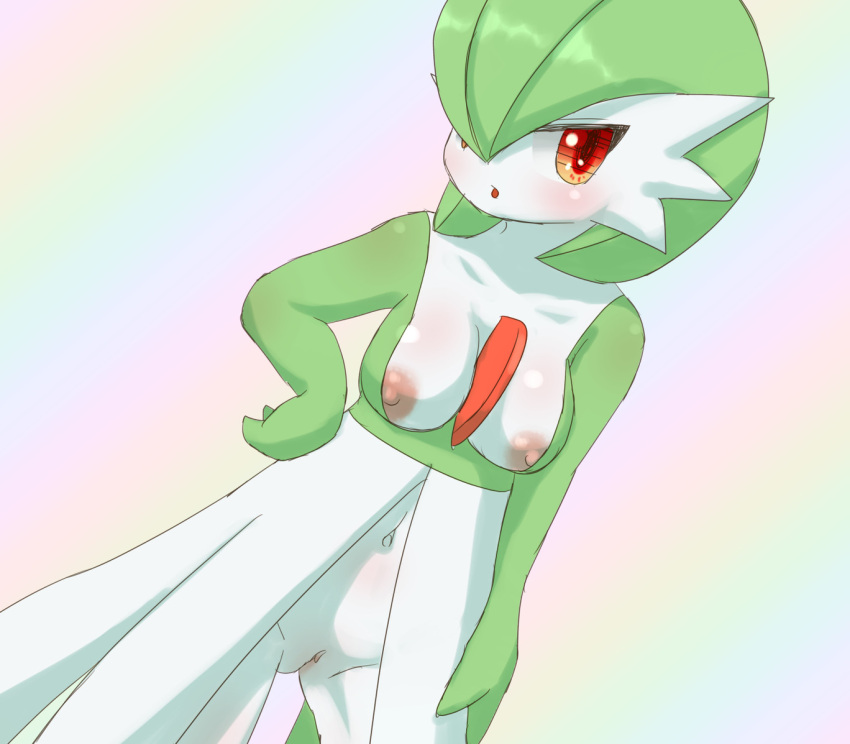 anthro areola breasts bunnag female gardevoir genitals gradient_background hand_on_hip looking_at_viewer navel nintendo nipples pokémon_(species) pokemon pokemon_(species) pussy red_eyes simple_background solo standing video_games