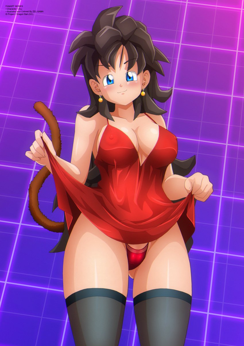 black_hair blue_eyes blush breasts commission commissioner_upload dragon_ball dragon_ball_gt dragon_ball_heroes dragon_ball_super dragon_ball_xenoverse dragon_ball_z dress_lift eyebrows_visible_through_hair female female female_only female_saiyan large_breasts long_hair messy_hair monkey_tail nipples oc original original_character purple_background red_dress red_panties saiyan saiyan_tail shounen_jump solo solo_female tail thighhighs zel-sama zou_(dragon_ball_xenoverse)