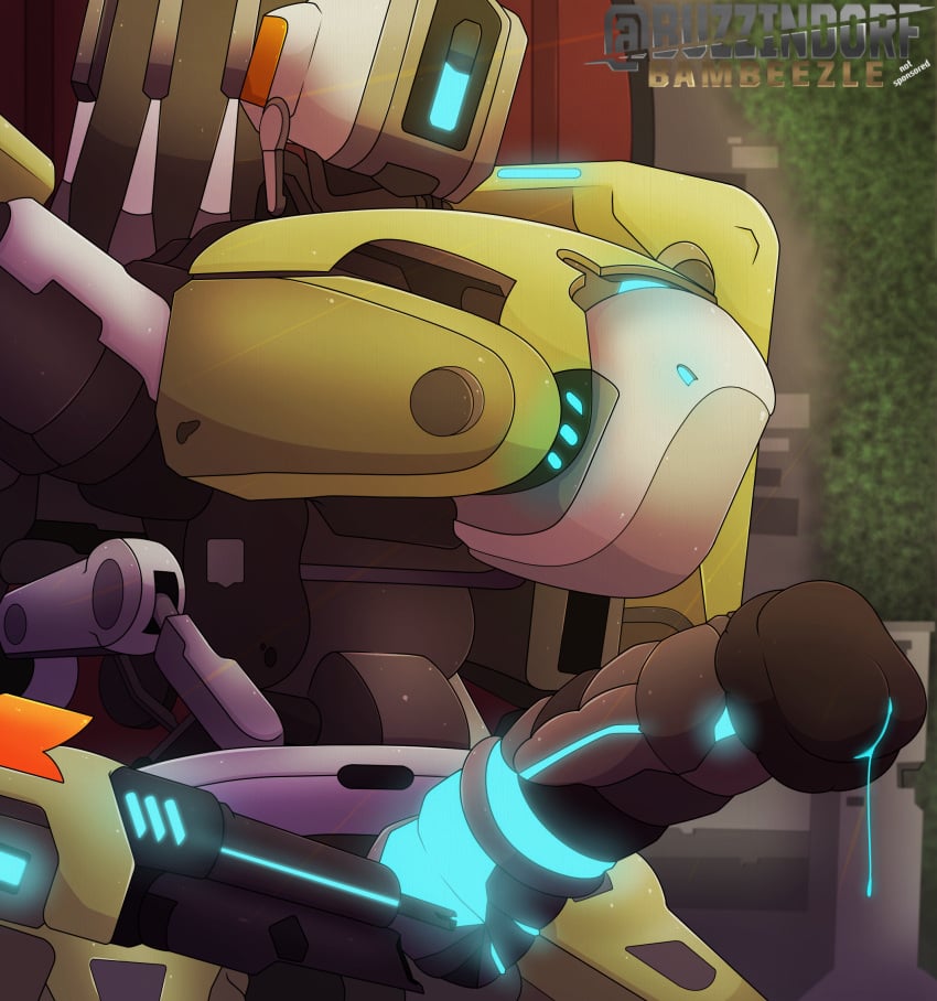 bastion_(overwatch) blizzard_entertainment bodily_fluids buzzindorf digital_media_(artwork) erection genital_fluids genitals hi_res machine male no_humans noah_barnett not_furry omnic overwatch penis ranged_weapon robot simple_background solo video_games weapon