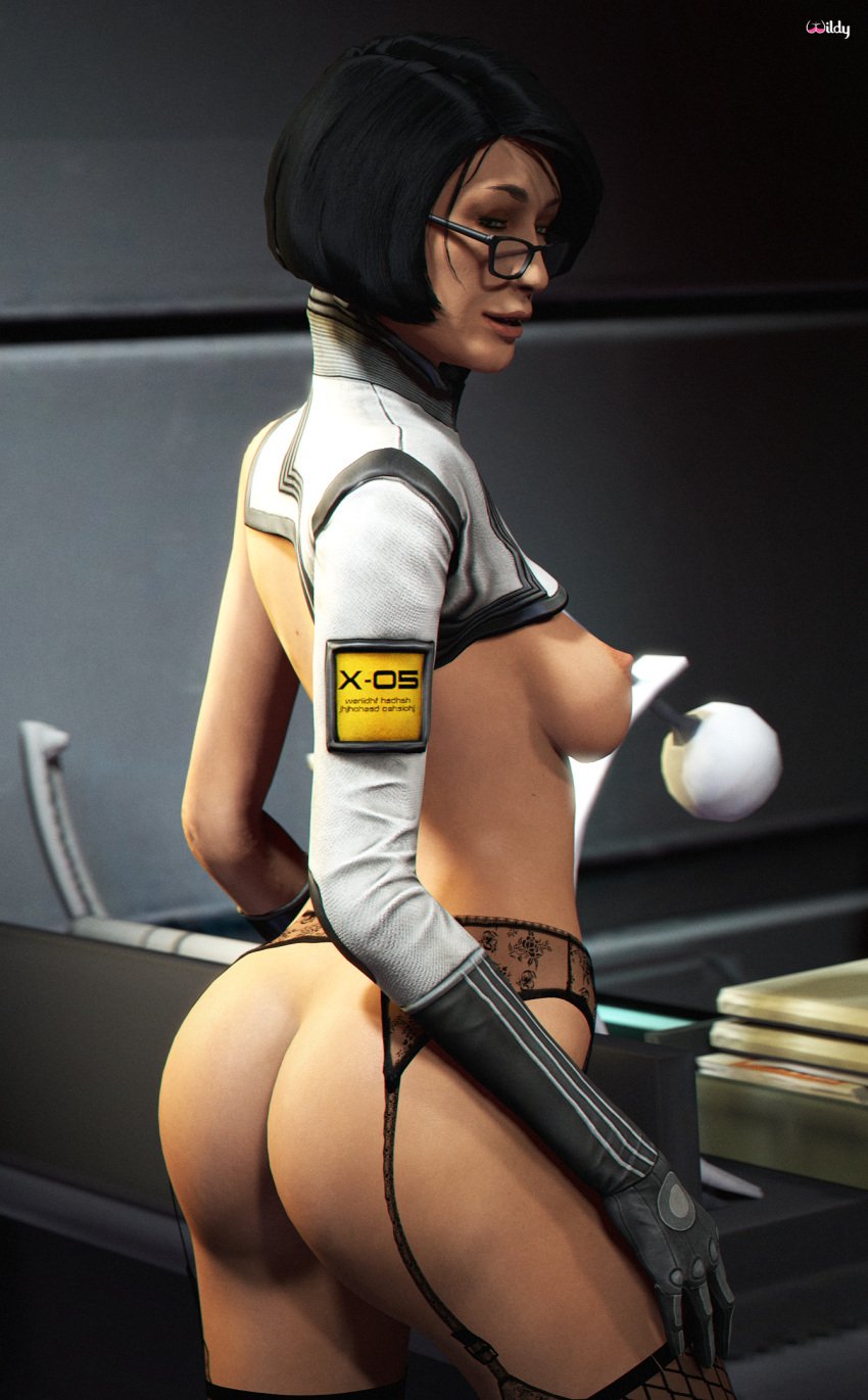 1girls 3d 3d_(artwork) areolae ass big_breasts bioware black_hair breasts bubble_butt busty dat_ass dr._karin_chakwas eyewear female female_focus female_only garter_belt glasses green_eyes hourglass_figure human human_only looking_back mass_effect mature mature_female nipples nudity short_hair sideboob solo tagme uncensored undressed undressing wide_hips wildynsfw