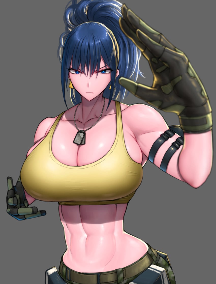 1girls abs armlet assassin bangs bare_shoulders belt blue_eyes blue_hair breasts bursting_breasts cleavage collarbone cropped_tank_top dog_tags earrings female female_fighter female_warrior fighting_stance gloves grey_background hi_res high_resolution highres huge_breasts jewelry king_of_fighters leona_heidern massive_breasts matching_hair/eyes matching_hair_and_eye_color matching_hair_and_eyes military military_pants plain_background ponytail pouch serious serious_look simple_background single_female single_girl slender_waist slim_waist solo solo_female standing tank_top tied_hair tight_clothing tight_shirt toned toned_female triangle_earrings upper_body voluptuous wolffeld wolffeld_price yellow_tank_top