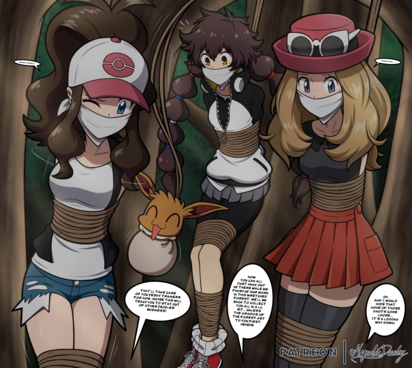 arms_behind_back bondage bound clothed dialogue female femsub gag gotcha! gotcha!_girl_(pokemon) hilda_(pokemon) magnolia-baillon medium_breasts multiple_girls multiple_subs pokemon pokemon_bw pokemon_bw2 pokemon_xy rope serena_(pokemon)