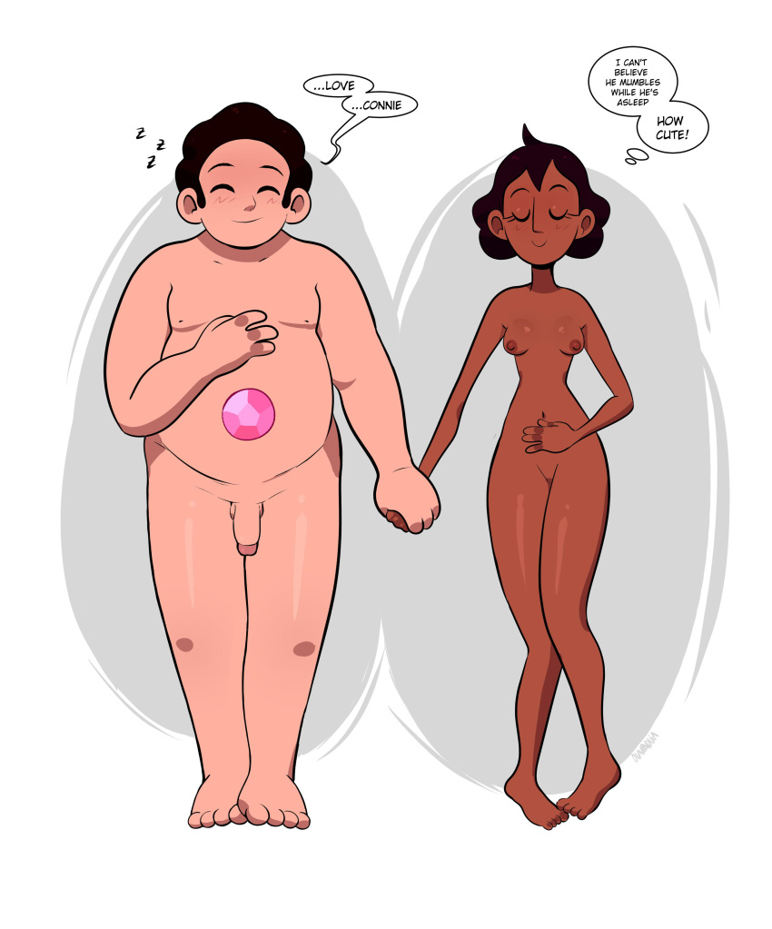 1boy 1boy1girl 1girls aged_up barefoot bird's-eye_view breasts cartoon_network chocolate_and_vanilla chubby closed_eyes connie_maheswaran dark-skinned_female dark_skin dialogue english english_text female flaccid front_view full_body holding_hands interracial male male_and_female_focus monologue nipples nonsexual_nudity nude nude_female nude_male ounpaduia penis petite signature skinny sleeping small_breasts speech_bubble steven_quartz_universe steven_universe text uncensored white_background wholesome