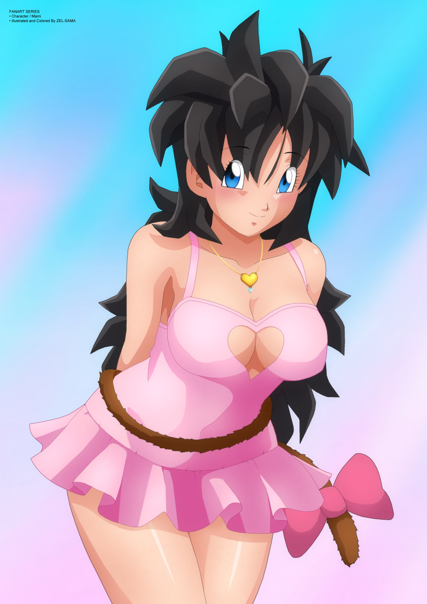 black_hair blue_eyes blush commission commissioner_upload dragon_ball dragon_ball_xenoverse eyebrows_visible_through_hair female female_only female_saiyan gold_necklace heart_necklace long_hair messy_hair necklace oc original original_character pink_bow pink_dress saiyan saiyan_tail shounen_jump smile solo solo_female tail valentine's_day zel-sama zou_(dragon_ball_xenoverse)