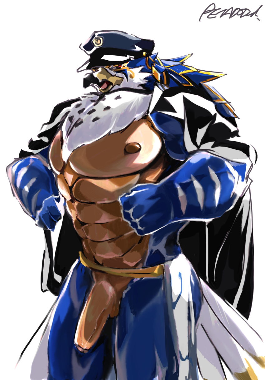 1boy abs anthro avian beak bird blue_body blue_feathers clothing dipstick_beak falcon falconid feathers genitals hat headgear headwear hi_res horus_(tokyo_afterschool_summoners) jewelry lifewonders looking_at_viewer male male_only mostly_nude muscular muscular_anthro muscular_male nipples pecs penis petadodu presenting red_eyes robe solo tokyo_afterschool_summoners tuft undressing video_games white_body white_feathers yellow_body yellow_feathers