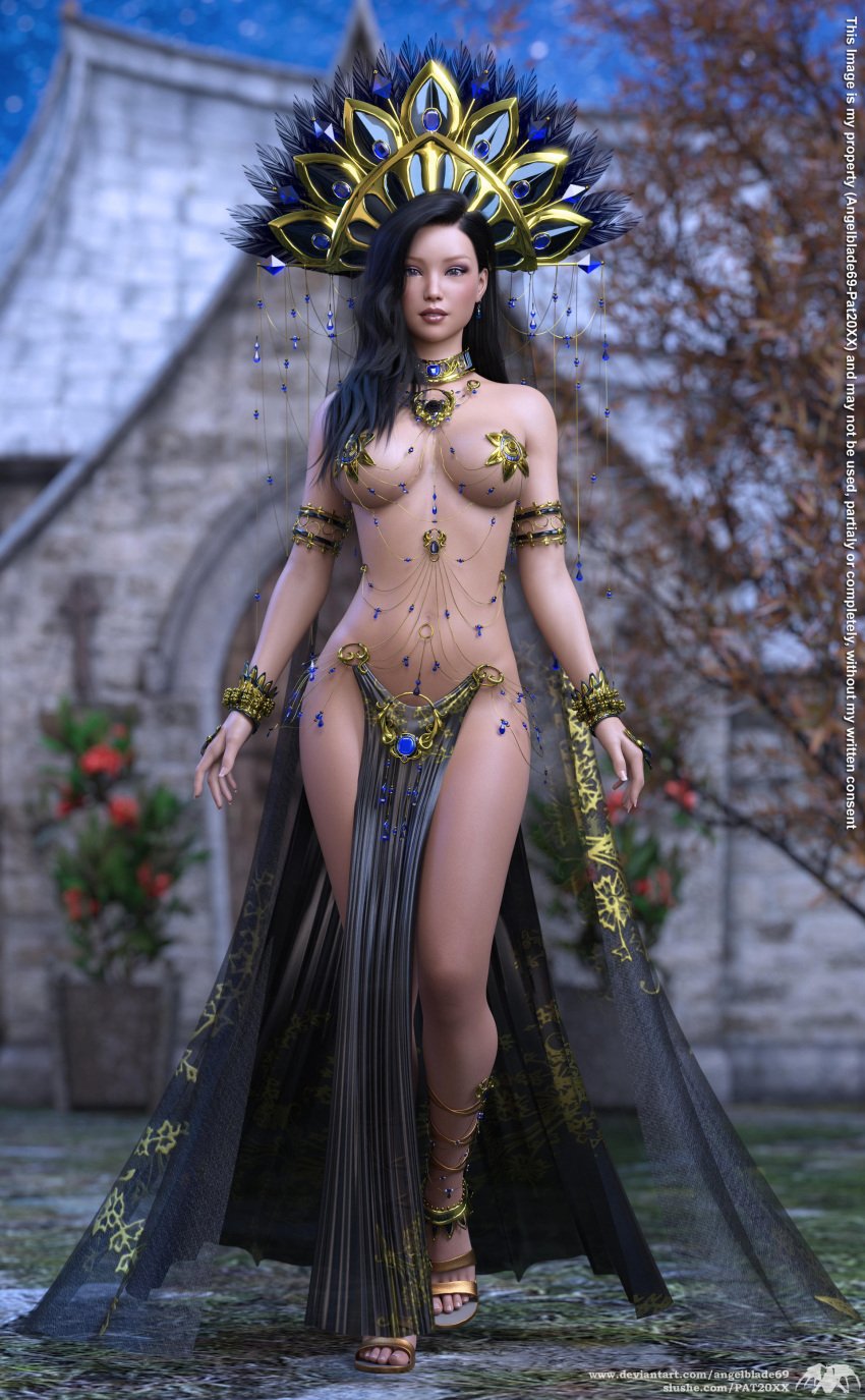 1girls angelblade69 black_hair blue_eyes collar female female_only french_nails gold_pasties headdress large_breasts loincloth long_hair original original_character revealing_clothes sandals skimpy_clothes