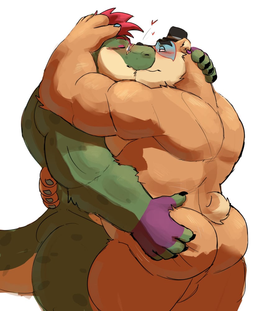 2022 absurd_res alligator alligatorid anthro anthro_on_anthro ass backsack balls bara big_butt big_muscles blush butt_grab butt_squish claws closed_eyes clothing crocodilian duo ear_piercing ear_ring embrace eyebrows facial_markings five_nights_at_freddy's five_nights_at_freddy's:_security_breach fur genitals glamrock_freddy_(fnaf) hair hand_on_back hand_on_butt hand_on_head hat head_markings headgear headwear hi_res hug kissing male male/male male_only mammal markings mohawk montgomery_gator_(fnaf) muscular muscular_anthro muscular_male narrowed_eyes nude perineum piercing reach_around reptile scalie scottgames simple_background squish standing top_hat tuft ursid video_games vitashi white_background