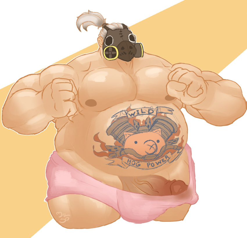 balls belly boner erection erection_pushing_underwear erection_under_clothes fat fat_man gay male male_only mask milko_bear muscles muscular obese obese_male overwatch overweight overweight_male penis roadhog solo solo_male tattoo