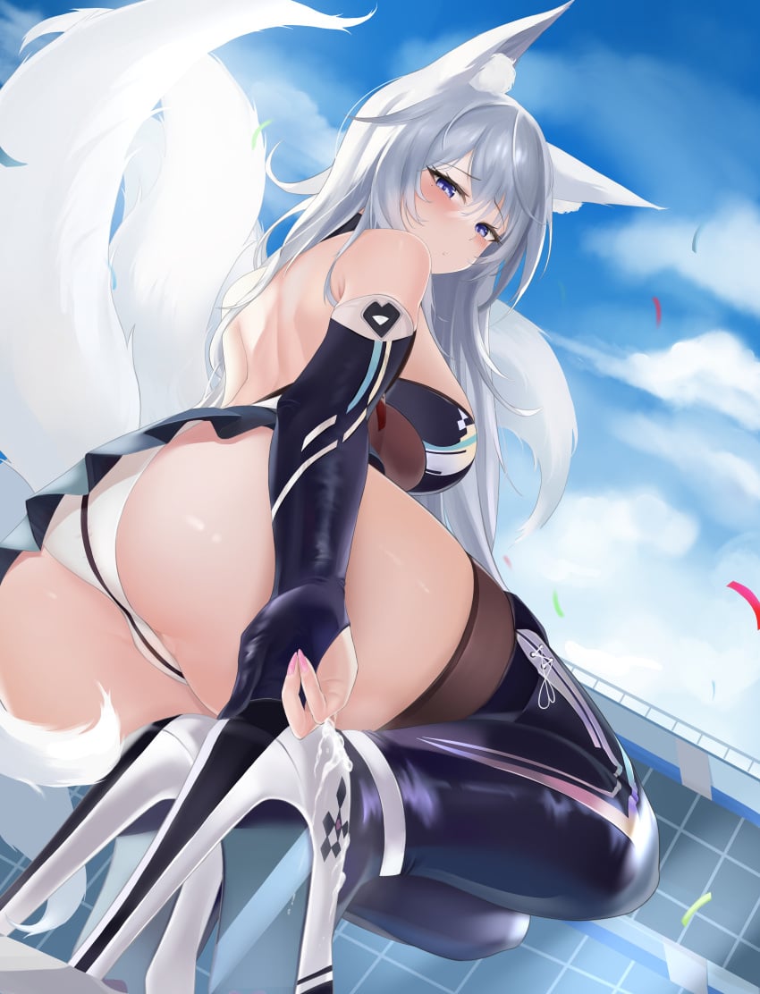 absurdres animal_ear_fluff animal_ears ass azur_lane back bare_shoulders black_thighhighs blue_eyes blue_sky breasts cum cum_on_clothes day elbow_gloves female fox_ears fox_tail from_below gloves grey_hair hair_between_eyes high_heels highres lao_yuan_zhang large_breasts looking_at_viewer multiple_tails nail_polish official_alternate_costume outdoors panties perspective pink_nails race_queen shinano_(azur_lane) shinano_(moonlit_chrome)_(azur_lane) sky solo tail thighhighs thighs underwear white_panties