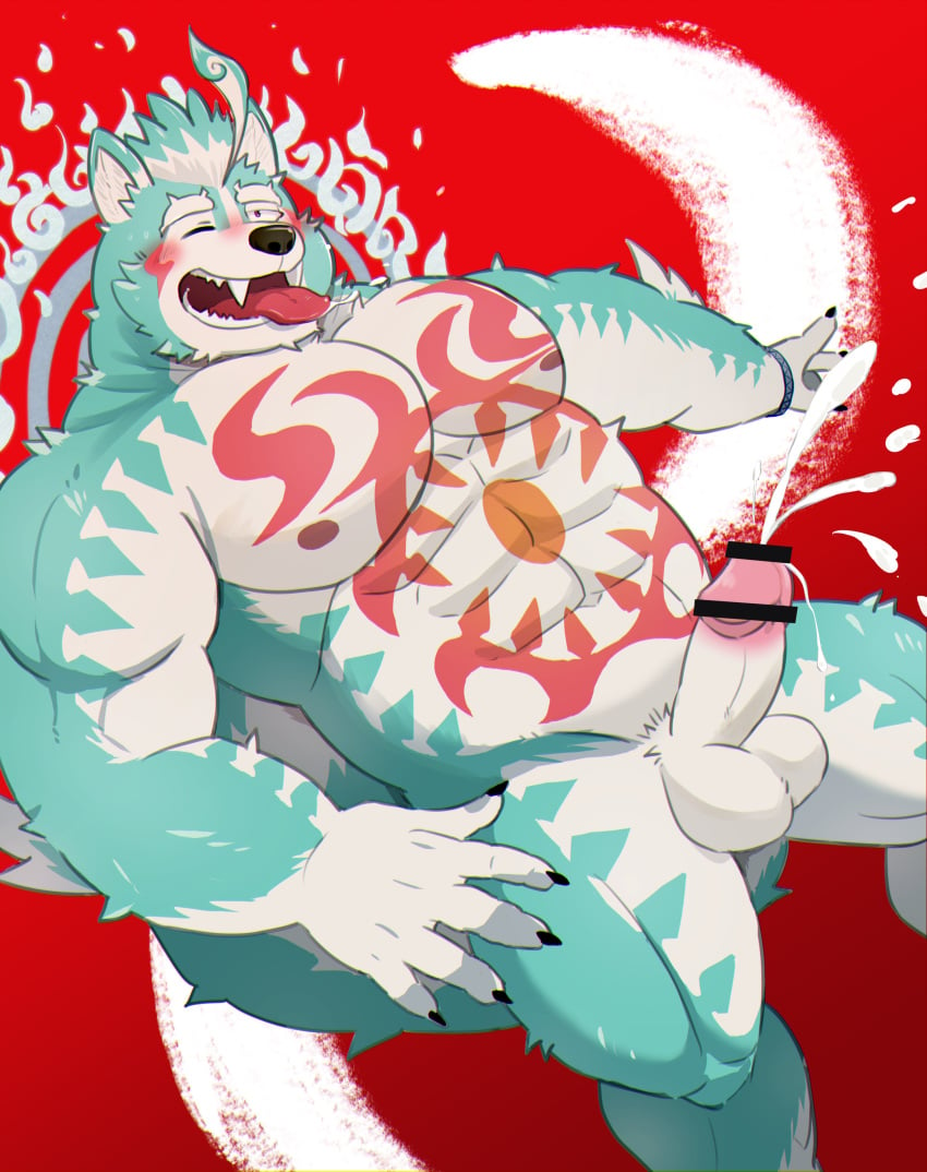 1boy abs absurd_res anthro asian_mythology balls blue_body blue_fur blush bodily_fluids breath canid canine canis censored chest_markings cum cumshot east_asian_mythology ejaculation foo_dog fur fur_markings genital_fluids genitals hi_res japanese_mythology komainu lifewonders looking_pleasured male male_only mammal markings multicolored_body multicolored_fur muscular muscular_male mythology nipples nude oguchi_magami_(tokyo_afterschool_summoners) one_eye_closed orgasm panting pecs penis simple_background solo tattoo tokyo_afterschool_summoners tongue tongue_out video_games white_body white_fur wink yōkai zuboboz