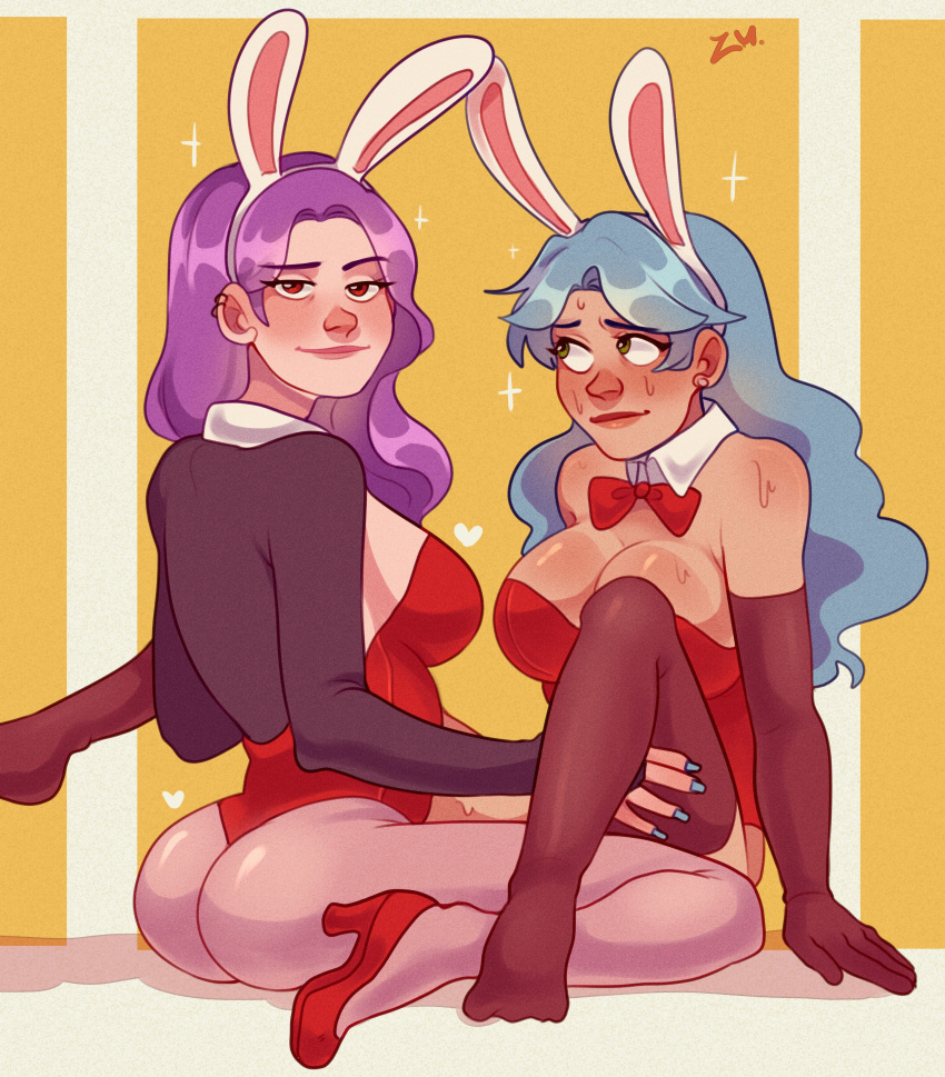 2girls ass big_breasts big_penis blue_hair bon_(fnafhs) bonnie_(fnafhs) breasts brit_(fnafhs) brunilda_(fnafhs) bunny_ears bunny_girl bunnysuit embarrassed fhs fhsz3r0 fnafhs fnafhs_z3ro fnafhsrule34 hands_on_hips hands_on_thighs legs_up nervous nervous_smile nervous_sweat purple_hair rule_63 thick_ass zusurumiya