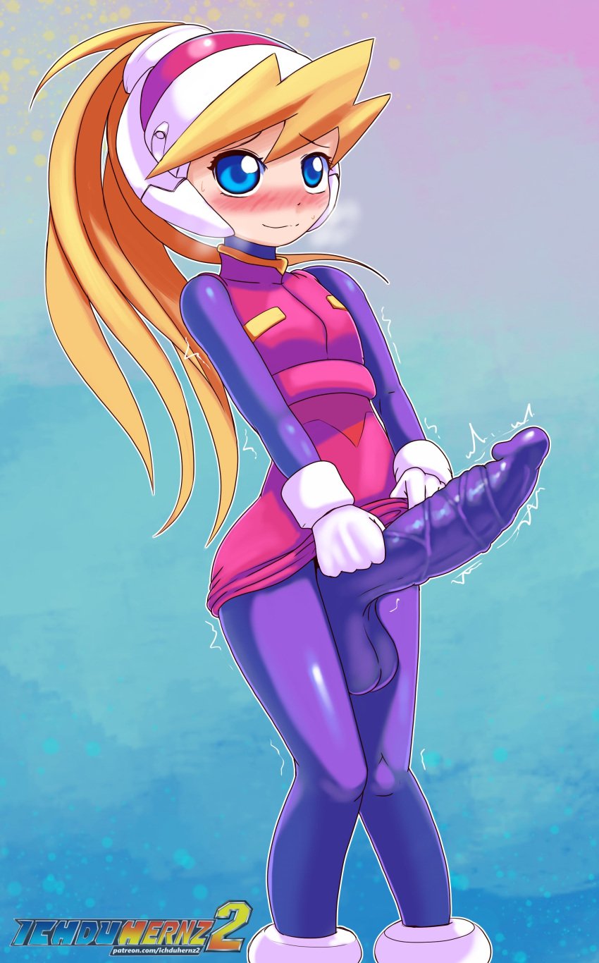 1futa balls big_ass ciel_(mega_man) clothed clothing embarrassed erection erection_under_clothes futa_only futanari huge_cock human ichduhernz impossible_clothes knees_together_feet_apart light-skinned_futanari light_skin mega_man mega_man_zero mostly_clothed pale_skin penis standing tagme