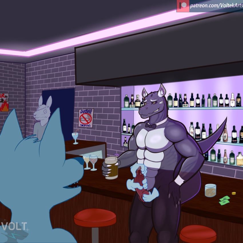 bar bartender beverage bodily_fluids bodily_fluids_drip canid canine claws container crococat crococat_(species) cup disembodied_hand drinking_glass dripping dripping_penis fox furry genital_fluids genitals glass glass_container glass_cup grin hi_res hybrid knot lagomorph leporid looking_pleasured male mammal penis precum precum_drip rabbit slit smile solo_focus unprofessional unprofessional_behavior voltek_(artist)