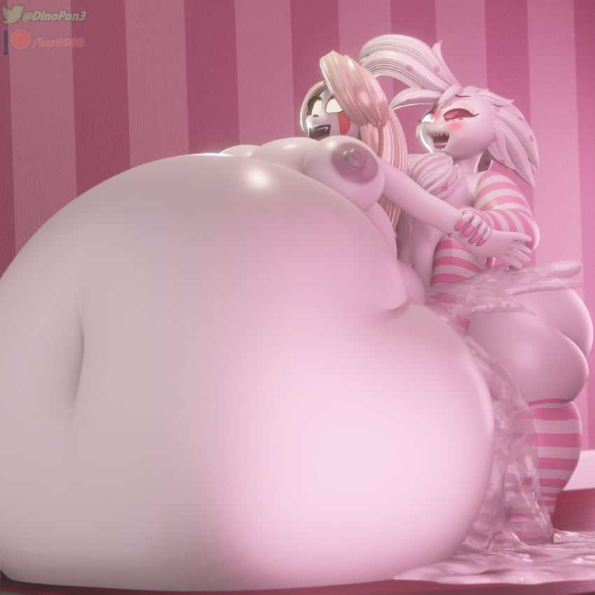 1boy 1girls 3d angel_dust_(hazbin_hotel) big_belly charlie_morningstar_(hazbin_hotel) demon_girl dinopony female femboy femboy_on_female hazbin_hotel huge_breasts huge_cock hyper hyper_balls hyper_penis inflation male pectoral_bulge straight