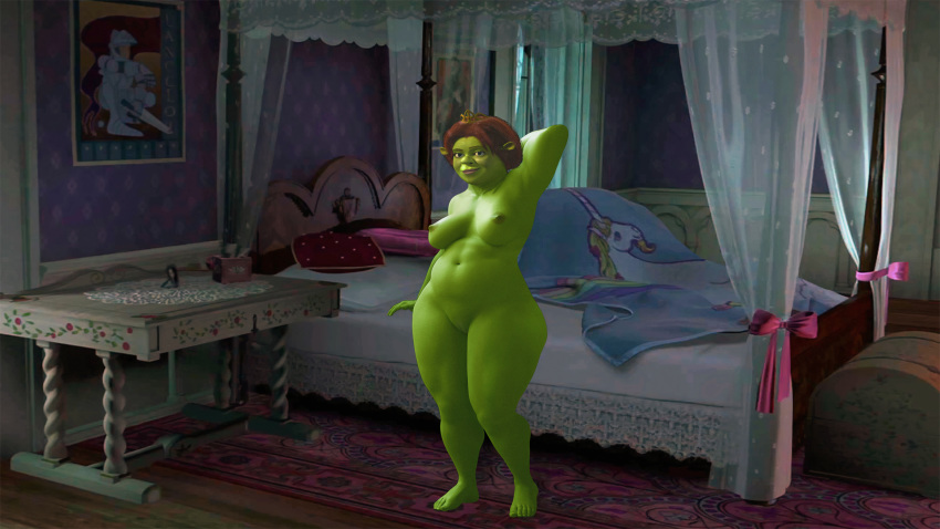 1girls 3d armpits bed bedroom breasts dreamworks edit edited fantasy female female_only green-skinned_female green_skin movie nipples nude ogre ogress_fiona princess princess_fiona princess_fiona_(ogre) pussy royalty shrek_(series) smile solo unknown_artist