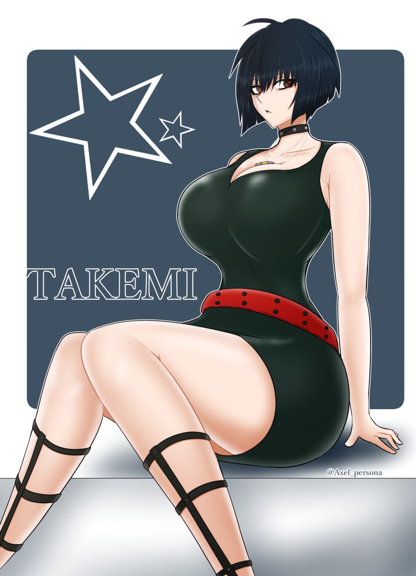 1girls axel_persona belt big_breasts blue_hair breasts brown_hair dress female female_only legs looking_at_viewer necklace persona persona_5 short_hair solo solo_female tae_takemi thighs