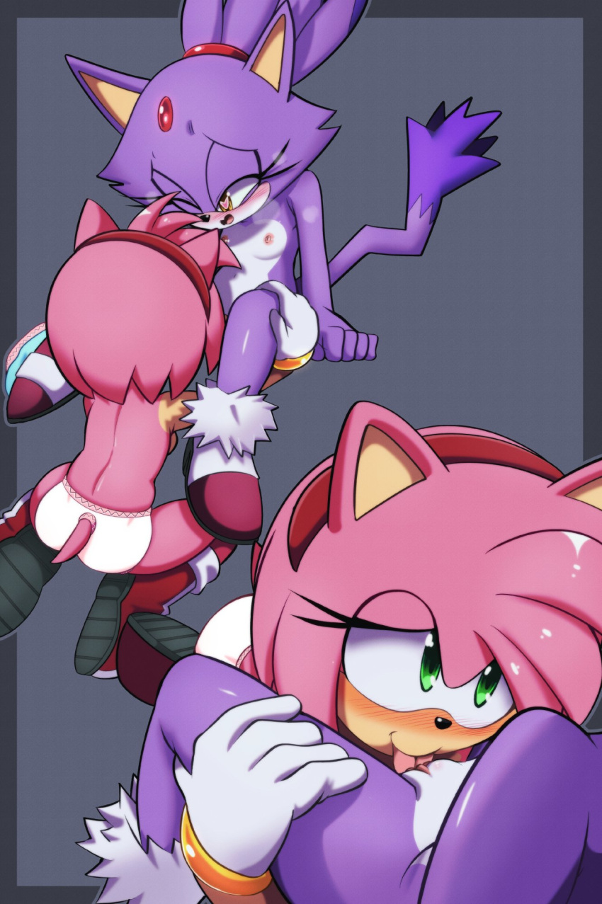 2girls amy_rose blaze_the_cat cunnilingus euf-dreamer feline female flat_chest hedgehog licking_pussy multiple_girls naked nude only_one_naked oral oral_sex panties panties_only pleasured sega shoes_only sonic_(series) teenage_girl teenager underwear young yuri