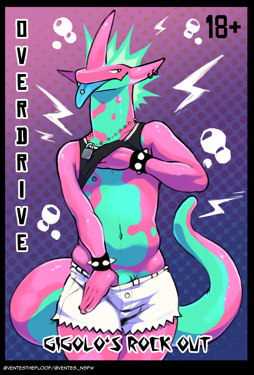 absurd_res anthro blue_tongue bottomwear bracelet clothing comic cover cover_art cover_page dart_sheen_(bruce) glistening glistening_body grin hi_res jewelry low_key_toxtricity male male/male male_only markings navel necklace nintendo nipple_piercing nipples piercing pink_body pokémon_(species) pokemon punk shirt shorts size_difference smile solo spiked_bracelet spikes submissive submissive_male tank_top thick_tail thick_thighs tight_clothing tongue tongue_piercing topwear toxtricity ventesthefloof video_games