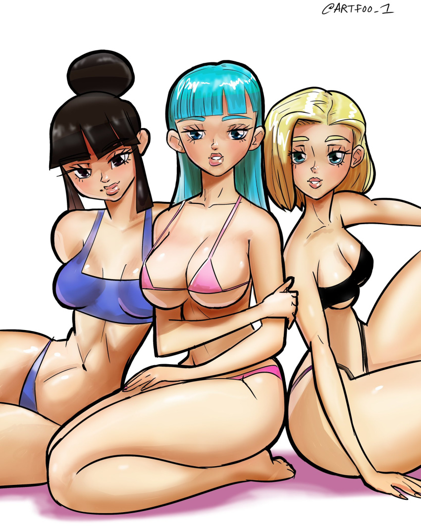 3girls android_18 artfoo_1 bandeau bandeau_bikini big_breasts bikini bimbo black_hair blonde_hair blue_eyes blue_hair bulma_briefs chichi dragon_ball dragon_ball_super dragon_ball_z hair_bun light-skinned_female light_skin mature_female medium_breasts micro_bikini milf mother multiple_girls narrow_shoulders thick_thighs thin_arms thin_waist wide_hips