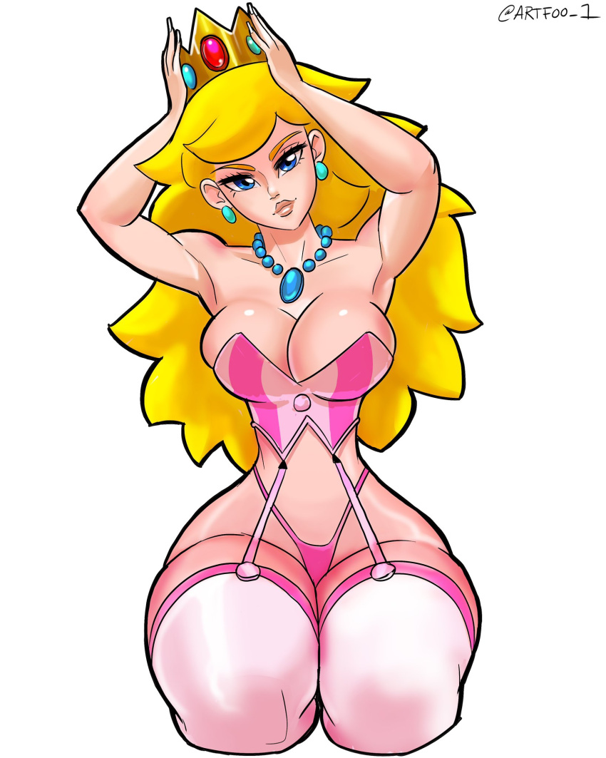 1girls 2d armpits artfoo_1 blonde_hair blue_eyes breasts cleavage collar crown female female_focus female_only full_body garter_straps head_tilt long_hair looking_at_viewer mario_(series) necklace nintendo on_knees princess_peach seiza sexy_armpits simple_background sitting solo white_background