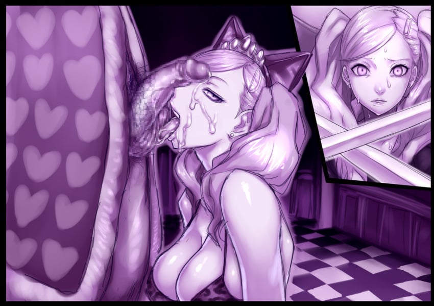 after_blowjob animal_ears animal_print ann_takamaki bikini blowjob breasts censored cognitive_ann cum cum_in_mouth cum_on_face facial fake_animal_ears fellatio large_breasts licking_testicle oral persona persona_5 sawao scared shadow_(persona) shadow_self_(persona) suguru_kamoshida swimsuit unseen_male_face