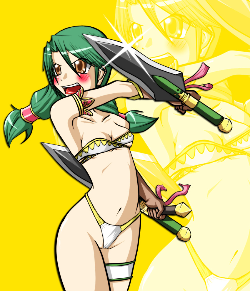 blush breasts cameltoe female female_only garter green_hair highres human panties solo soul_calibur talim tonfa underwear weapon