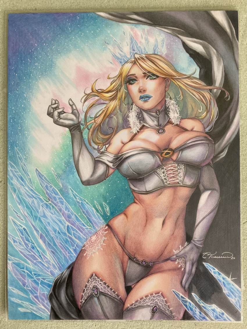 blonde_hair blue_eyes cape collette_turner corset crown curvy_female elbow_gloves emma_frost female hourglass_figure huge_breasts marvel marvel_comics panties thick_thighs thighhighs white_queen wide_hips x-men