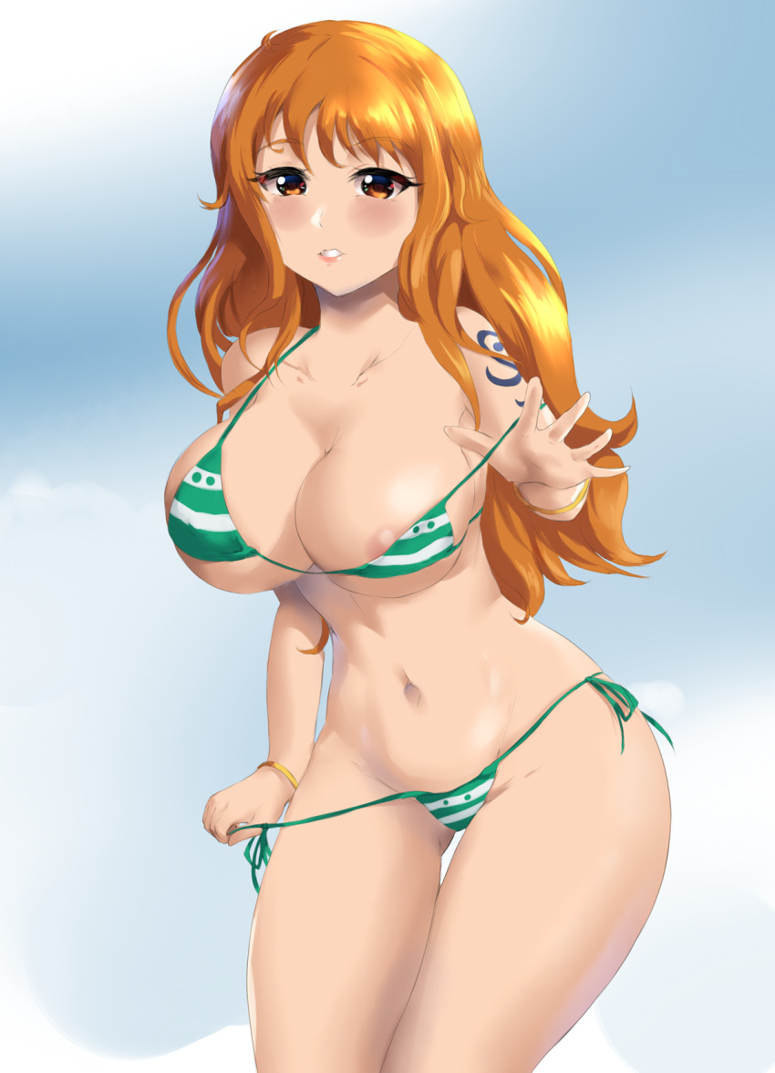 1girls big_breasts bikini bikini_bottom breasts eye_contact female female_only leonart long_hair looking_at_viewer nami no_pants one_piece orange_hair solo standing thick_thighs