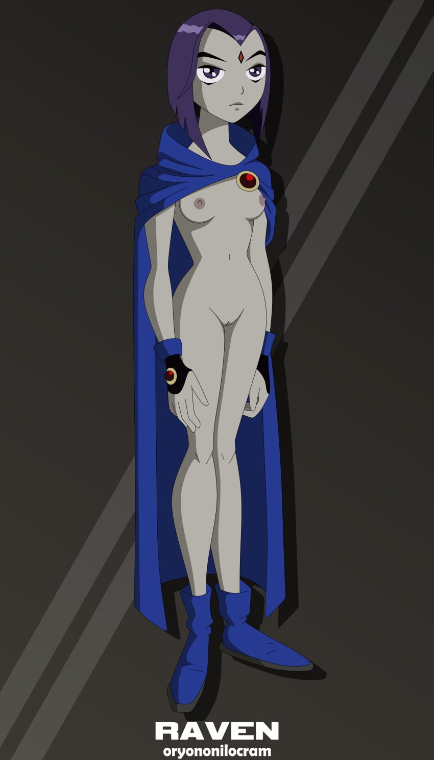 1girls accurate_art_style blue_cloak boobs boots breasts casual cloak curvaceous curves curvy curvy_body curvy_female curvy_figure dc dc_comics female female_only footwear forehead_jewel functionally_nude handwear handwear_and_footwear_only human medium_breasts nipples oryononilocram outerwear pale-skinned_female pale_skin purple_eyes purple_hair pussy rachel_roth raven_(dc) shaved_pussy short_hair smooth_skin solo solo_female teen_titans tits vagina