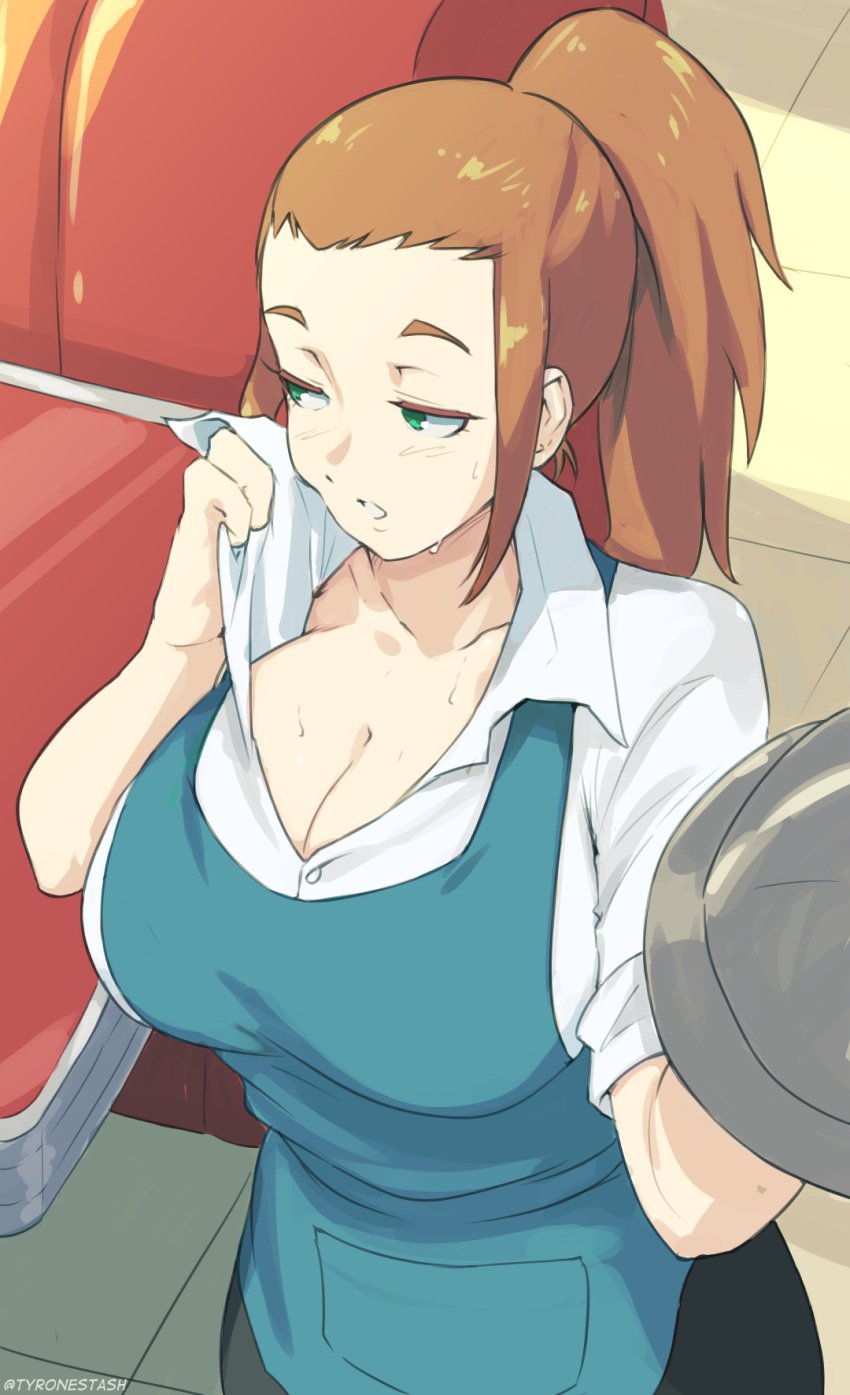 1girls apron black_pants blue_apron boobs breasts brown_hair cleavage clothed diner diner_dash female flo_(diner_dash) green_eyes huge_breasts pale-skinned_female pale_skin pants ponytail solo sweat sweating tyronestash waitress white_shirt