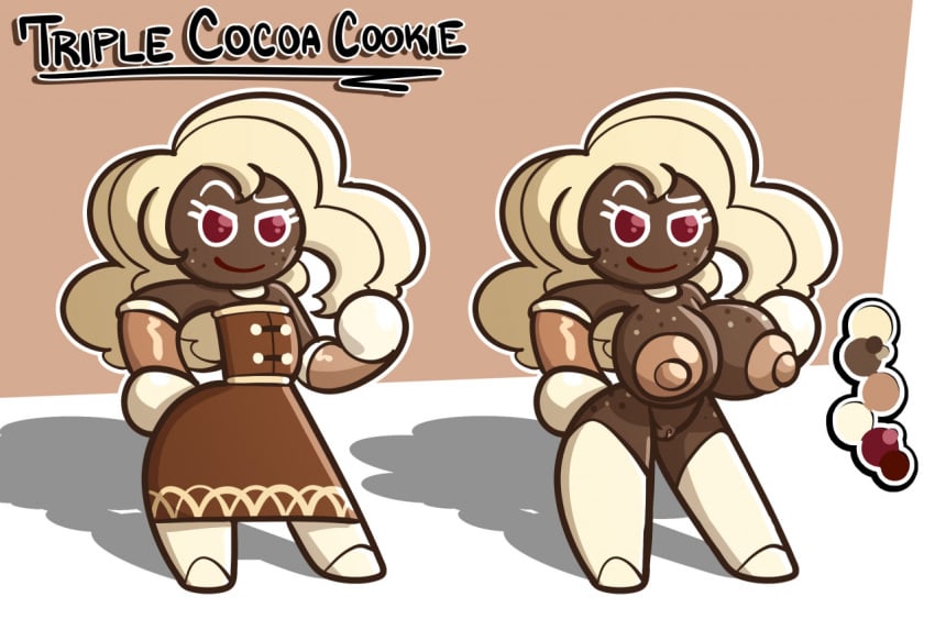 2022 areola big_breasts big_nipples biped blonde_hair breasts brown_body brown_skin clothed clothing cookie cookie_run cookie_run_kingdom cookie_run_ovenbreak digital_media_(artwork) english_text exposure_variation eyebrows eyelashes fan_character female food food_creature food_humanoid freckles freckles_on_breasts genitals hair hammerspace hidden_buxom huge_breasts humanoid hyper model_sheet nipples not_furry original_character pussy red_eyes sachasketchy sachasketchy_(cookie_run_original_characters) short_stack shortstack smile solo text triple_cocoa_cookie_(sachasketchy)