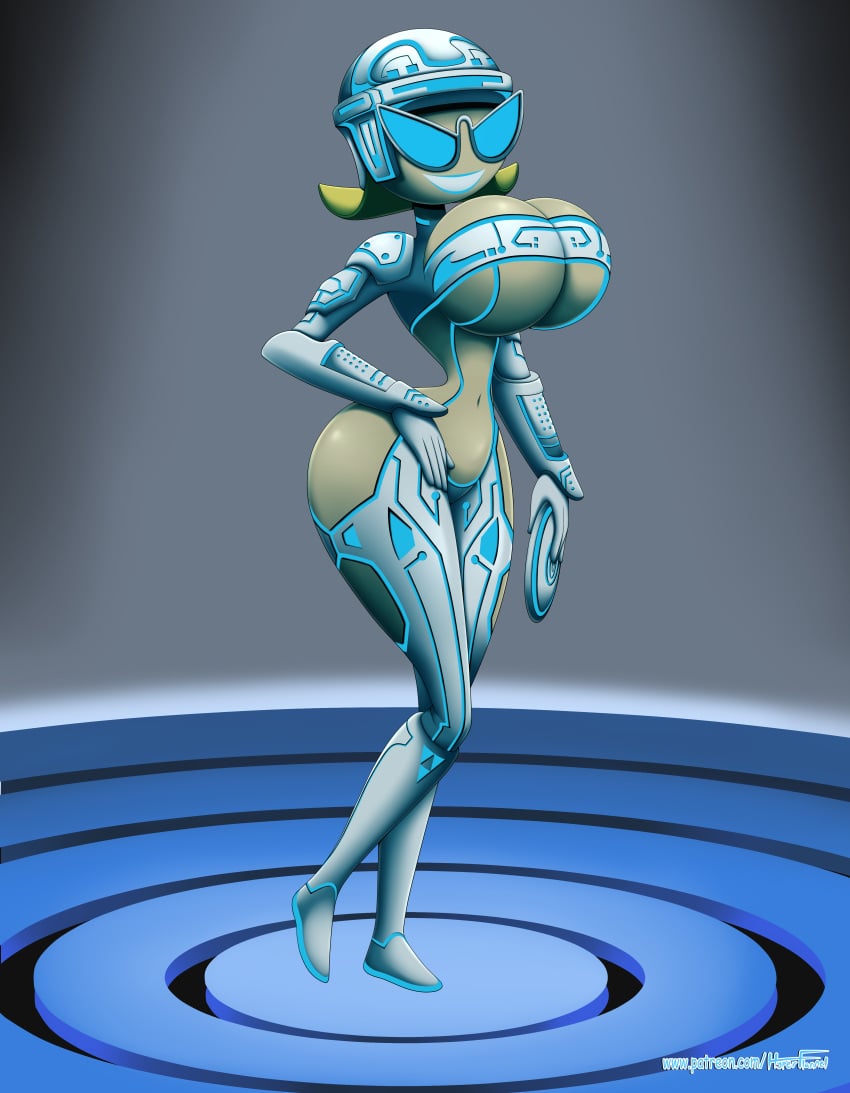 anthro big_breasts circuitboard circuitry cleavage disney glowing hourglass_figure huge_breasts hyperflannel knick_knack mashup midriff permanent_smile pixar sunglasses sunnification thick_thighs tron underboob