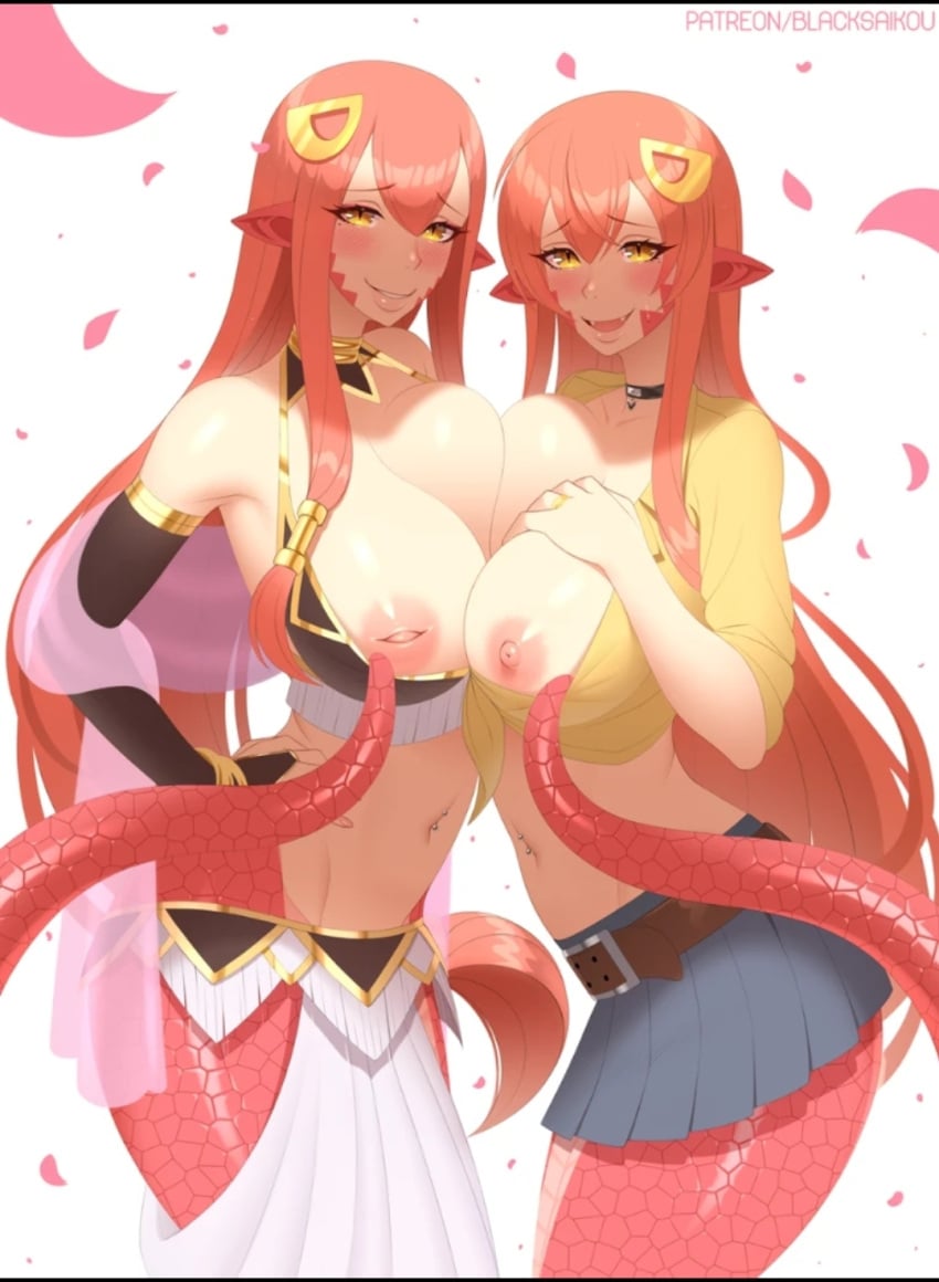 2girls blacksaikou breasts clothed inverted_nipples lamia looking_at_viewer miia's_mother_(monster_musume) miia_(monster_musume) monster_girl monster_musume_no_iru_nichijou multiple_girls nipple nipples serpent serpentine shirt_pull snake_girl watermark