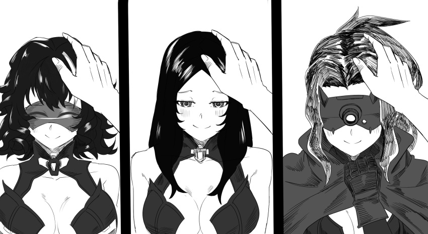 1boy 3girls blush breasts cleavage commander_(girls'_frontline) cute girls'_frontline head_pat headpat highres jaeger_(girls'_frontline) messy_hair monochrome multiple_girls pov reizo_ne ripper_(girls'_frontline) sangvis_ferri short_hair simple_background smile tinted_eyewear vespid_(girls'_frontline) visor white_background wholesome