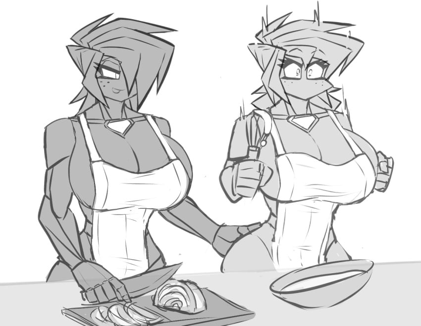 albry_(zzzhodazzz) apron apron_only big_breasts breasts cooking female_only hourglass_figure kyurby_(zzzhodazzz) monochrome robot robot_girl surprised tagme zzzhodazzz