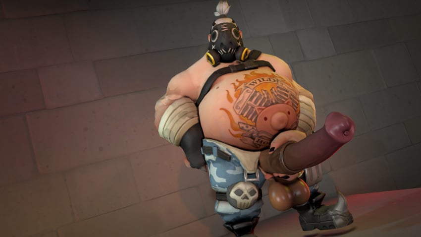 3d 3d_(artwork) balls big_balls big_penis boner equine_penis erection gay horsecock human_with_animal_genitalia human_with_horsecock lavenchie male male_only mask muscles muscular overwatch overweight penis penis_through_fly roadhog solo solo_male tattoo