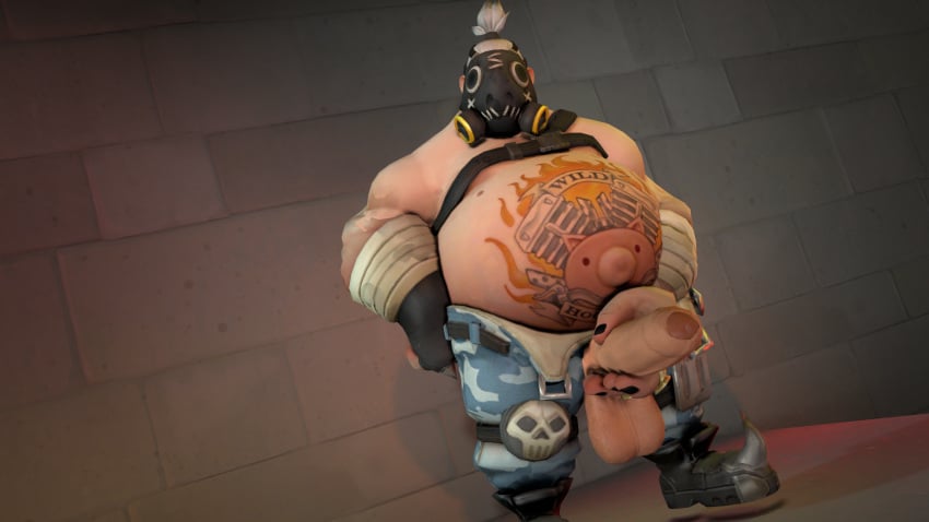 3d 3d_(artwork) balls big_balls big_penis boner erection gay lavenchie male male_only mask muscles muscular overwatch overweight penis penis_through_fly roadhog solo solo_male tattoo